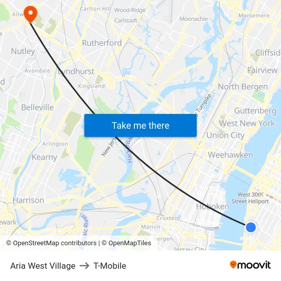Aria West Village to T-Mobile map