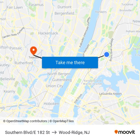 Southern Blvd/E 182 St to Wood-Ridge, NJ map