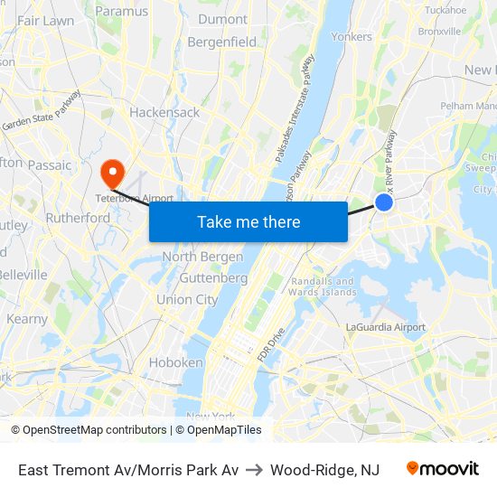 East Tremont Av/Morris Park Av to Wood-Ridge, NJ map