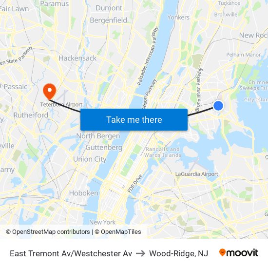 East Tremont Av/Westchester Av to Wood-Ridge, NJ map