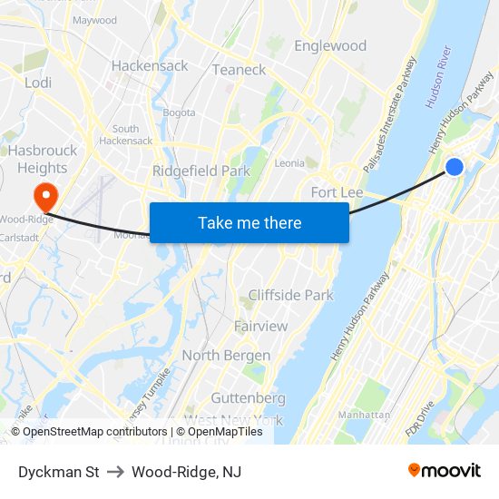 Dyckman St to Wood-Ridge, NJ map