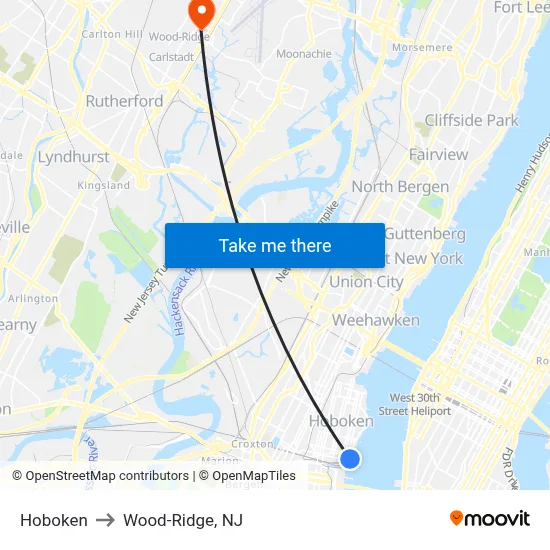 Hoboken to Wood-Ridge, NJ map