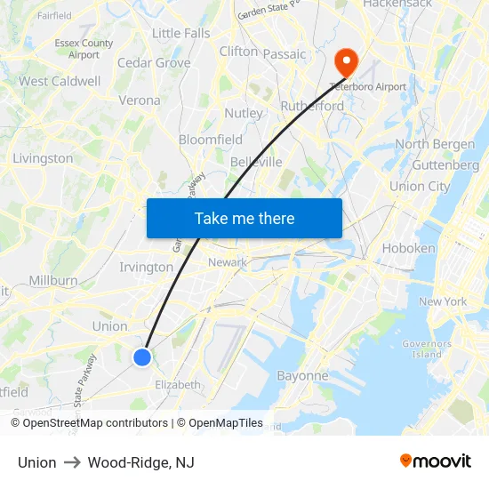 Union to Wood-Ridge, NJ map