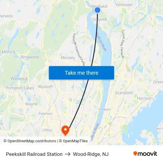 Peekskill Railroad Station to Wood-Ridge, NJ map