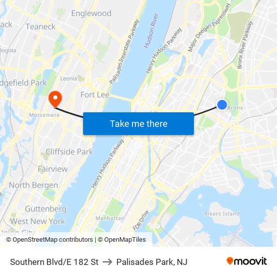 Southern Blvd/E 182 St to Palisades Park, NJ map