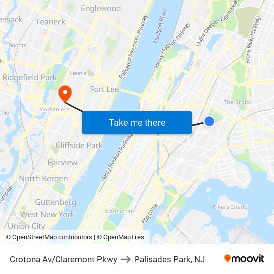 Crotona Av/Claremont Pkwy to Palisades Park, NJ map