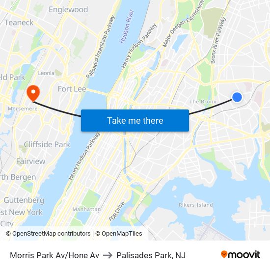 Morris Park Av/Hone Av to Palisades Park, NJ map