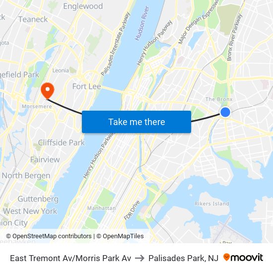 East Tremont Av/Morris Park Av to Palisades Park, NJ map