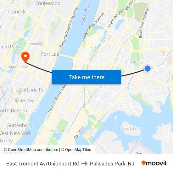 East Tremont Av/Unionport Rd to Palisades Park, NJ map