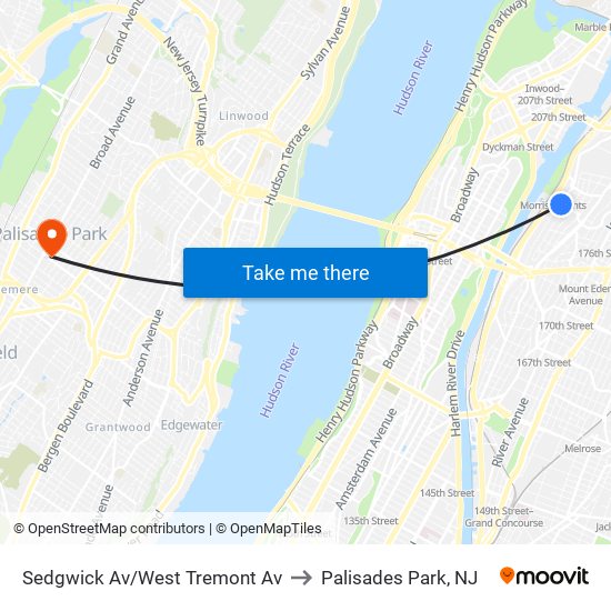 Sedgwick Av/West Tremont Av to Palisades Park, NJ map