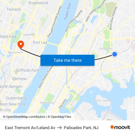 East Tremont Av/Leland Av to Palisades Park, NJ map