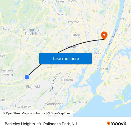 Berkeley Heights to Palisades Park, NJ map