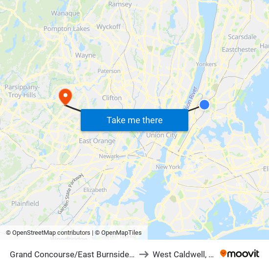 Grand Concourse/East Burnside Av to West Caldwell, NJ map