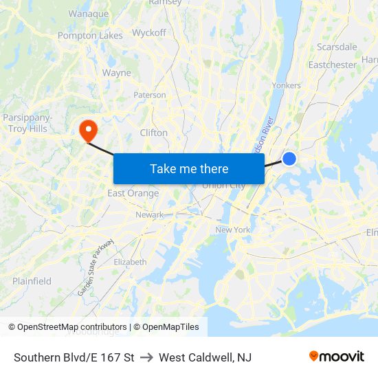 Southern Blvd/E 167 St to West Caldwell, NJ map