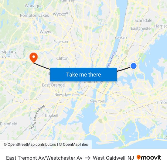 East Tremont Av/Westchester Av to West Caldwell, NJ map