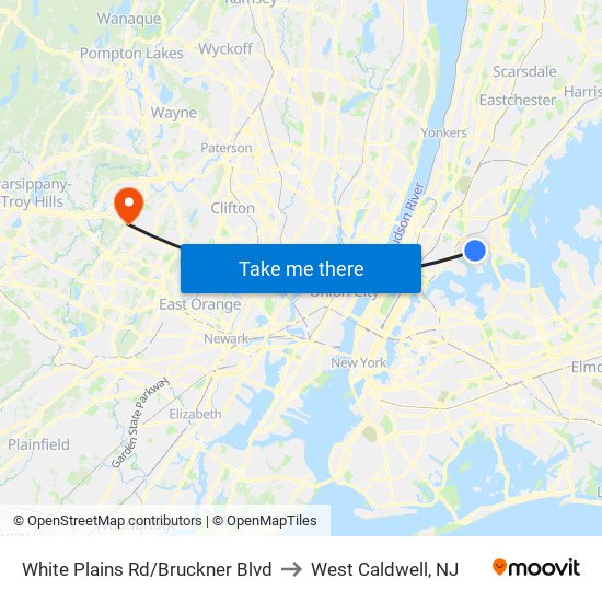 White Plains Rd/Bruckner Blvd to West Caldwell, NJ map