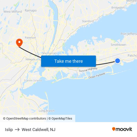 Islip to West Caldwell, NJ map