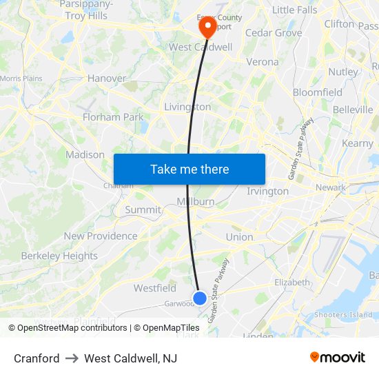 Cranford to West Caldwell, NJ map