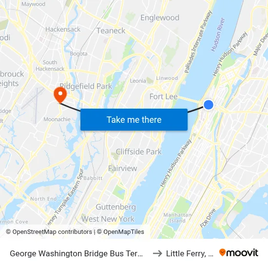 George Washington Bridge Bus Terminal to Little Ferry, NJ map