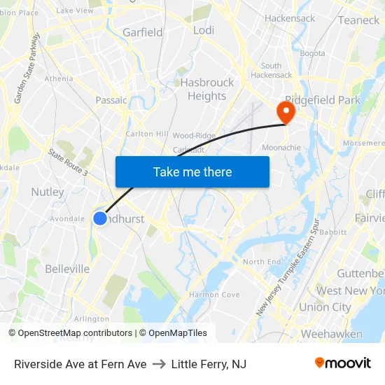 Riverside Ave at Fern Ave to Little Ferry, NJ map