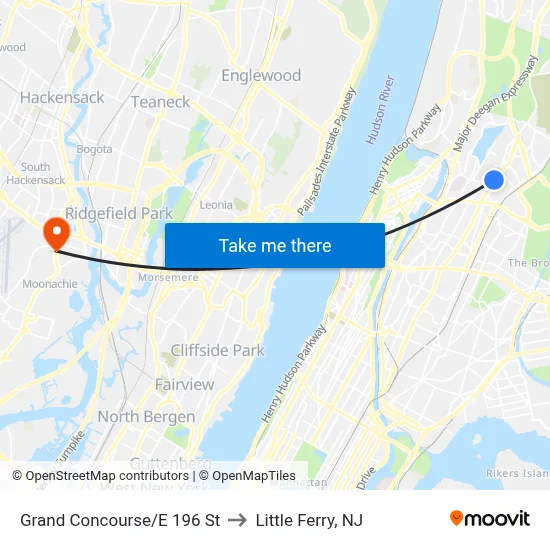 Grand Concourse/E 196 St to Little Ferry, NJ map