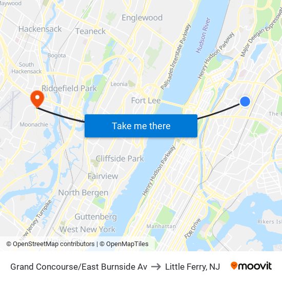 Grand Concourse/East Burnside Av to Little Ferry, NJ map