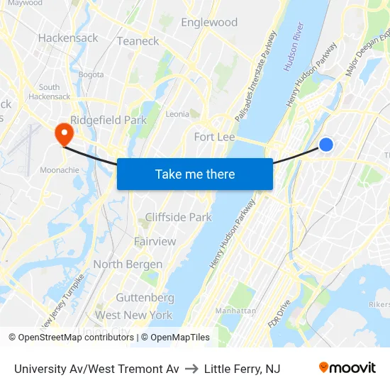 University Av/West Tremont Av to Little Ferry, NJ map