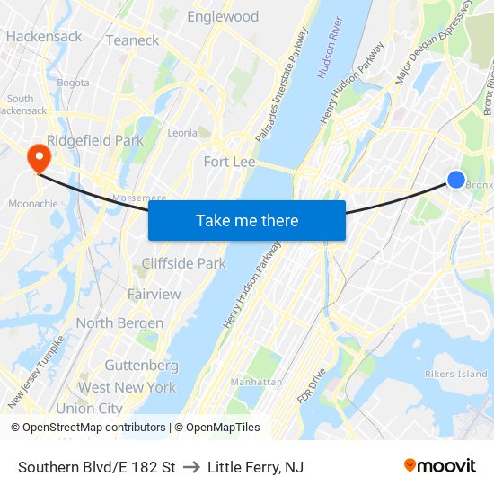 Southern Blvd/E 182 St to Little Ferry, NJ map