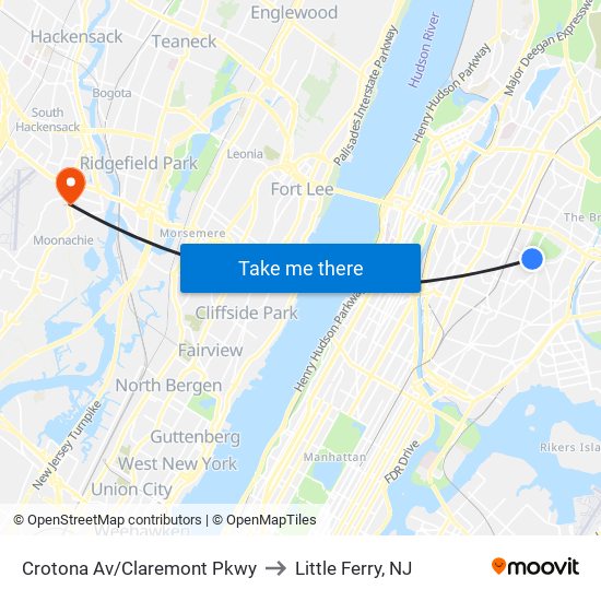 Crotona Av/Claremont Pkwy to Little Ferry, NJ map