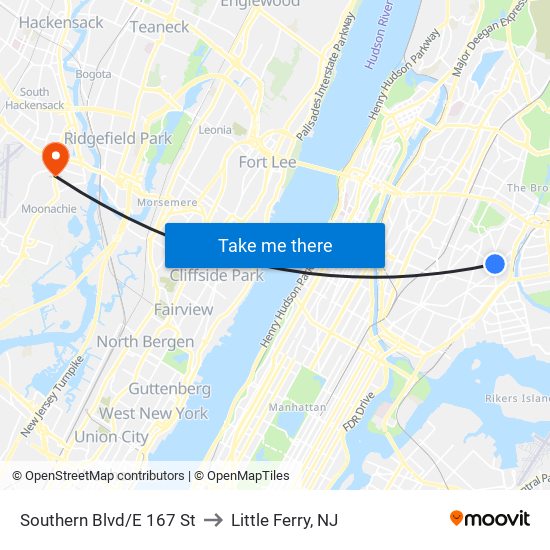 Southern Blvd/E 167 St to Little Ferry, NJ map