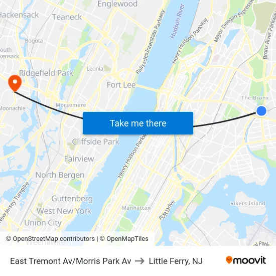 East Tremont Av/Morris Park Av to Little Ferry, NJ map