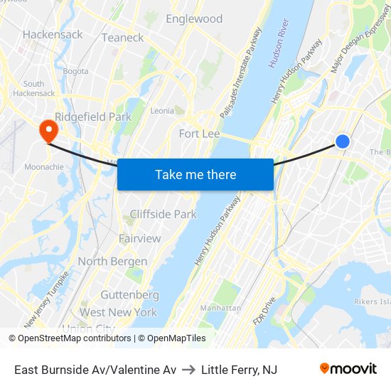 East Burnside Av/Valentine Av to Little Ferry, NJ map