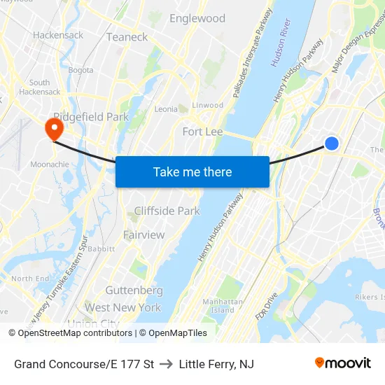 Grand Concourse/E 177 St to Little Ferry, NJ map