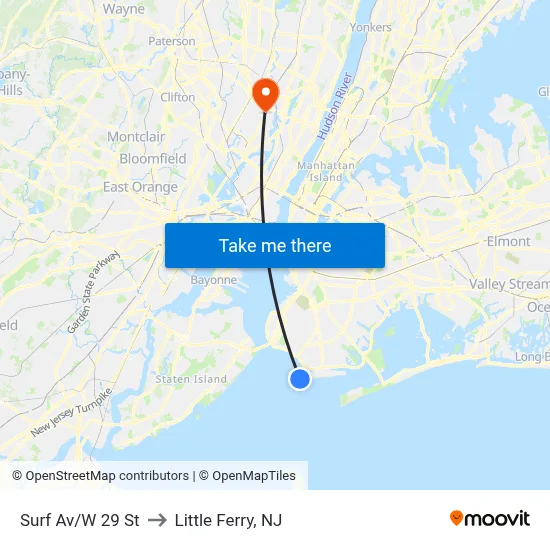 Surf Av/W 29 St to Little Ferry, NJ map