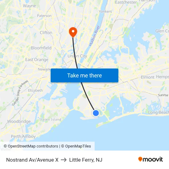 Nostrand Av/Avenue X to Little Ferry, NJ map