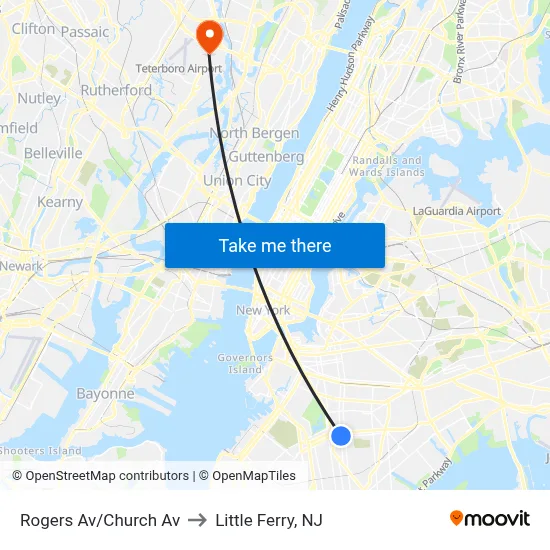 Rogers Av/Church Av to Little Ferry, NJ map