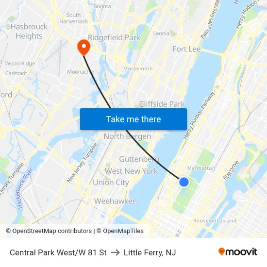 Central Park West/W 81 St to Little Ferry, NJ map