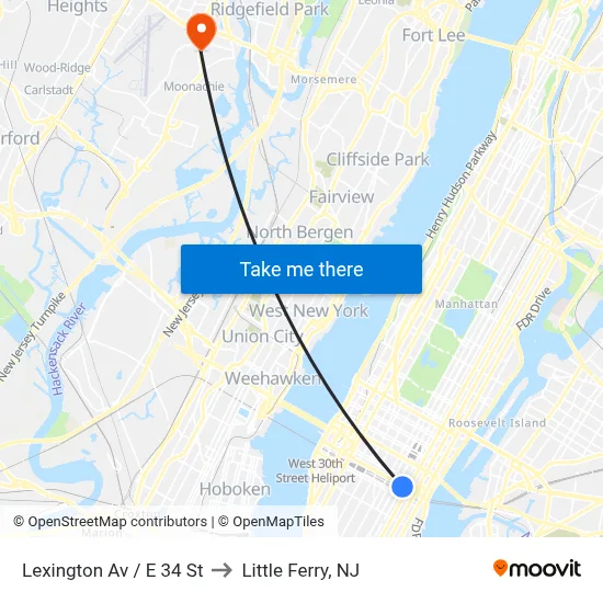 Lexington Av / E 34 St to Little Ferry, NJ map