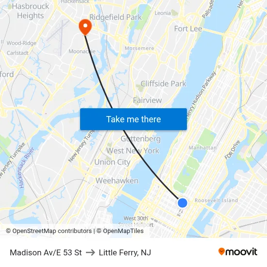 Madison Av/E 53 St to Little Ferry, NJ map