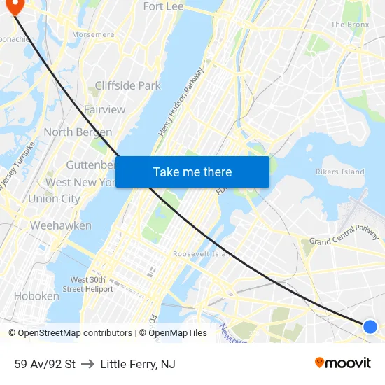 59 Av/92 St to Little Ferry, NJ map