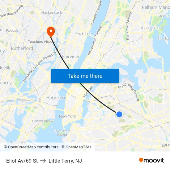 Eliot Av/69 St to Little Ferry, NJ map
