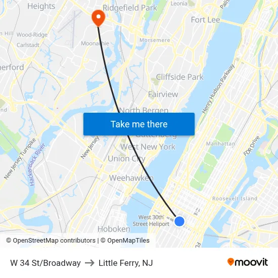 W 34 St/Broadway to Little Ferry, NJ map