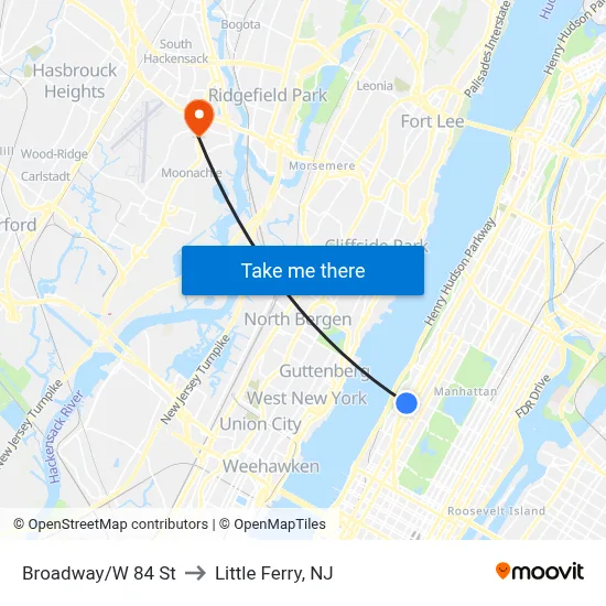 Broadway/W 84 St to Little Ferry, NJ map