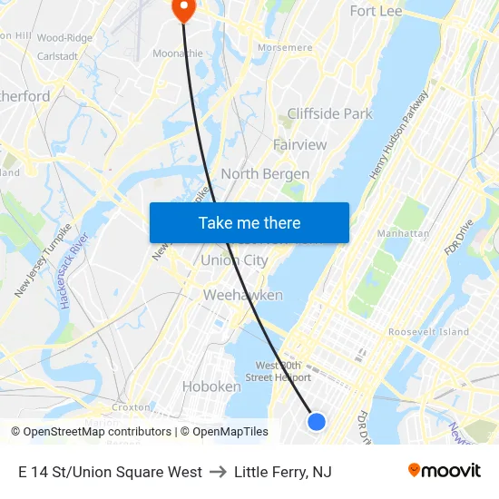 E 14 St/Union Square West to Little Ferry, NJ map