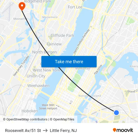 Roosevelt Av/51 St to Little Ferry, NJ map