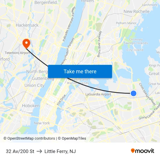 32 Av/200 St to Little Ferry, NJ map
