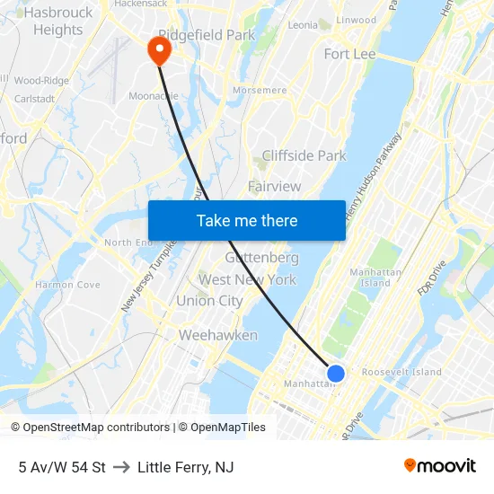 5 Av/W 54 St to Little Ferry, NJ map