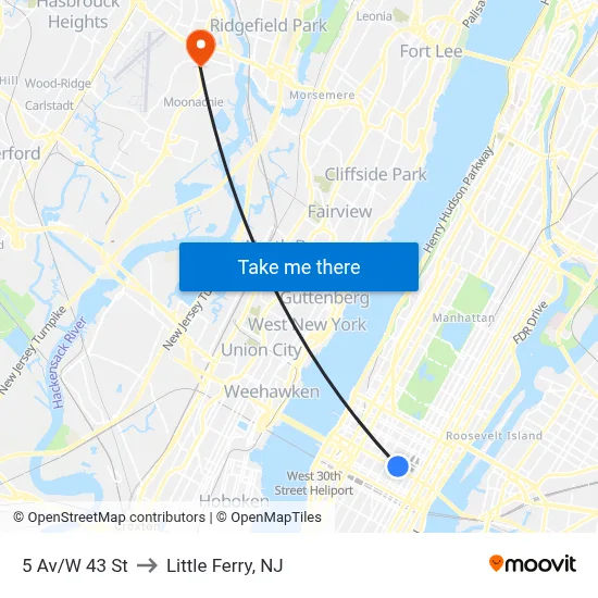 5 Av/W 43 St to Little Ferry, NJ map