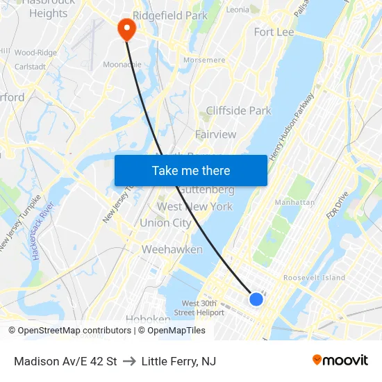 Madison Av/E 42 St to Little Ferry, NJ map