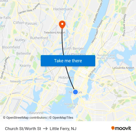 Church St/Worth St to Little Ferry, NJ map